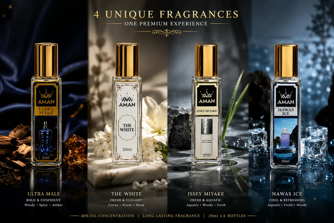 Aman Men’s Perfume Combo Pack of 4 (80ml) 40% oil – Long Lasting Luxury Inspired Fragrance Set for Men |